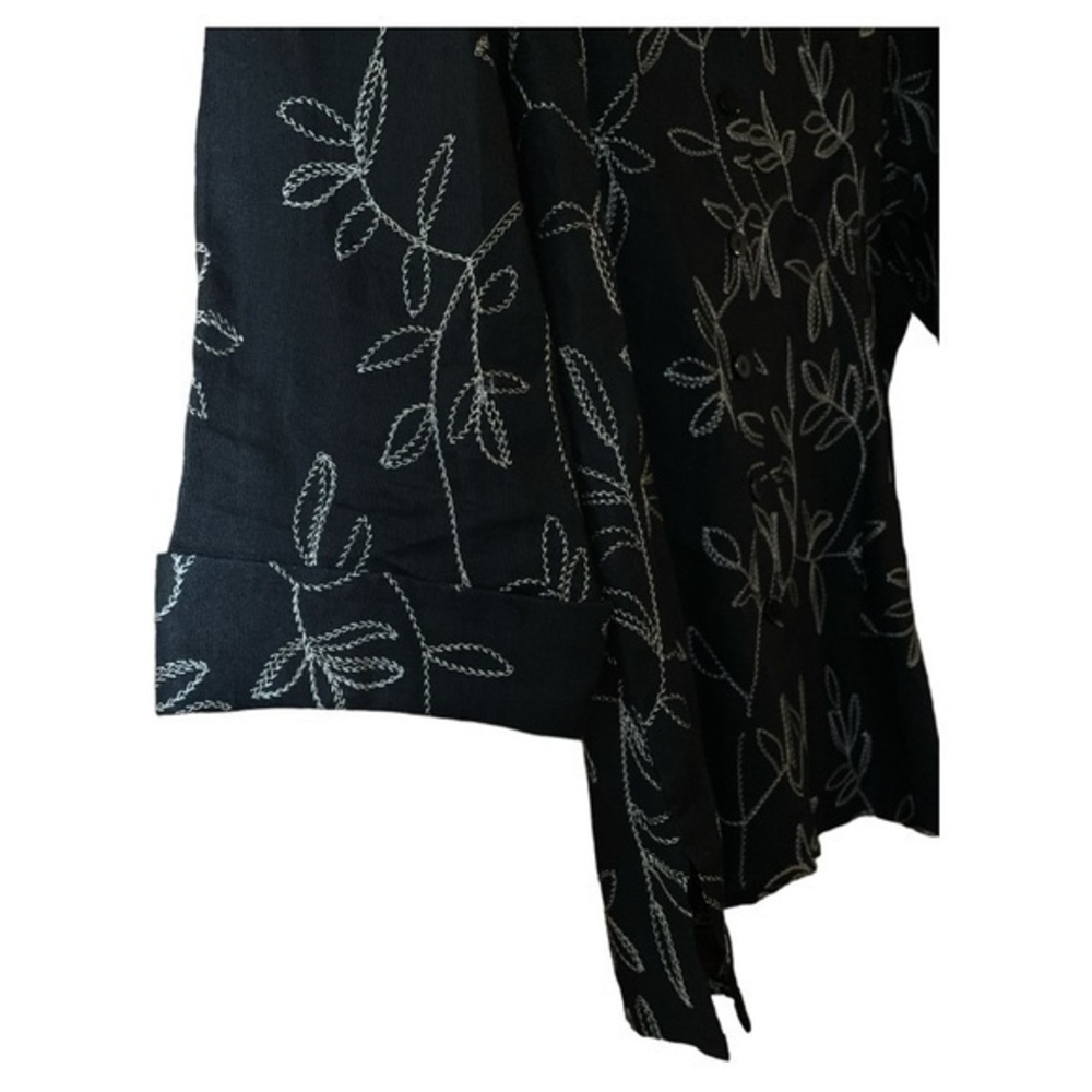 Carole Little Vtg 90s Linen Embroidered Blouse Tunic Black XL Leaf Botanical - Picture 4 of 10